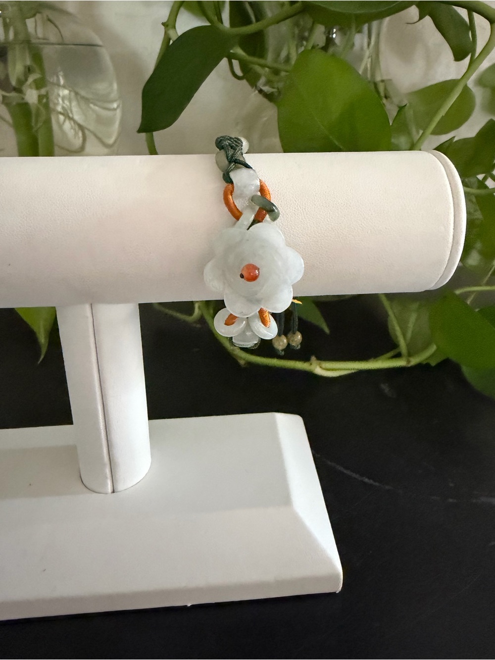 Vintage Genuine Green Jade & Amber Carved Rose Flower Beaded Bracelet